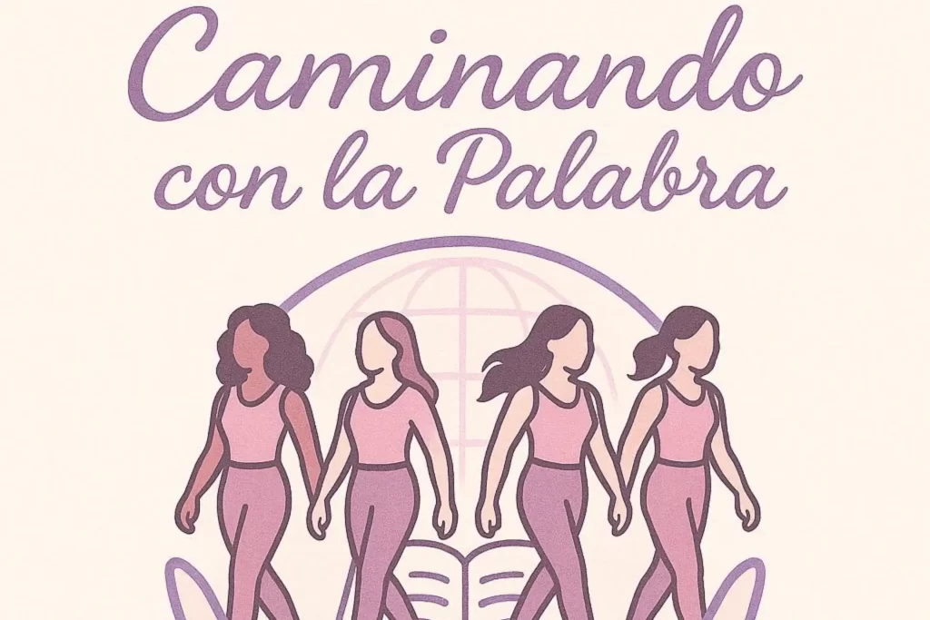 Ilustração do projeto Caminhando com a Palavra com mulheres caminhando sobre uma Bíblia, simbolizando fé, união e saúde espiritual.