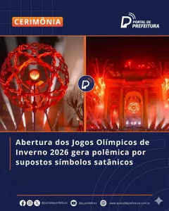 cerimônia de abertura dos Jogos Olímpicos de Inverno de Milão 2026 com símbolo em chamas associado a simbolismo ocultista